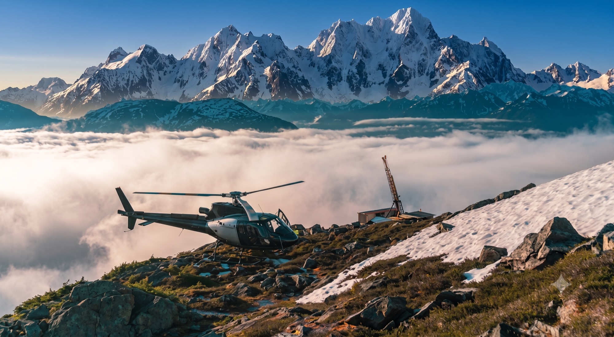 A helicopter landed on an alpine ridge beside a remote diamond-drill rig, snow-capped peaks and a sea of cloud behind it.